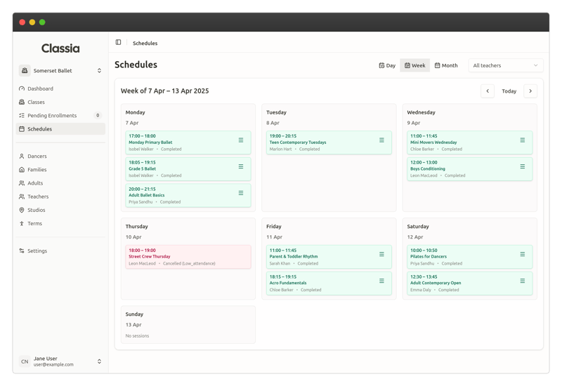 Weekly schedule view in Classia displaying dance classes laid out by day, with class times, names, teachers, and completion or cancellation status.