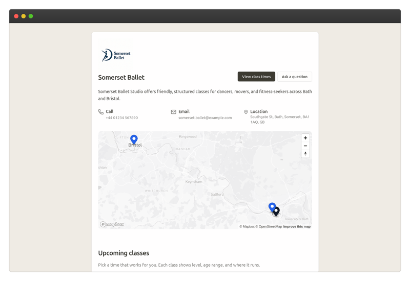 Public profile page for a dance school on Classia, showing the school name, contact details, location map, and buttons to view class times or ask a question.