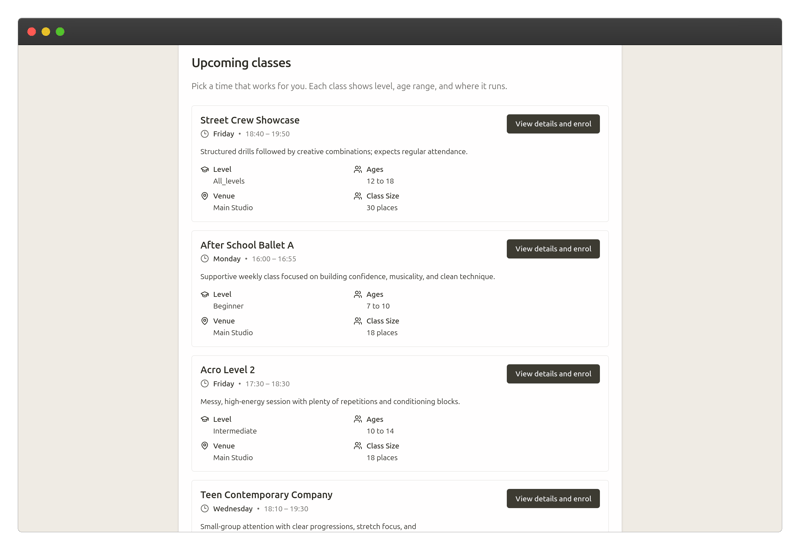 Public listing of upcoming dance classes on Classia, showing class names, times, age ranges, levels, venues, and buttons to view details and enrol.