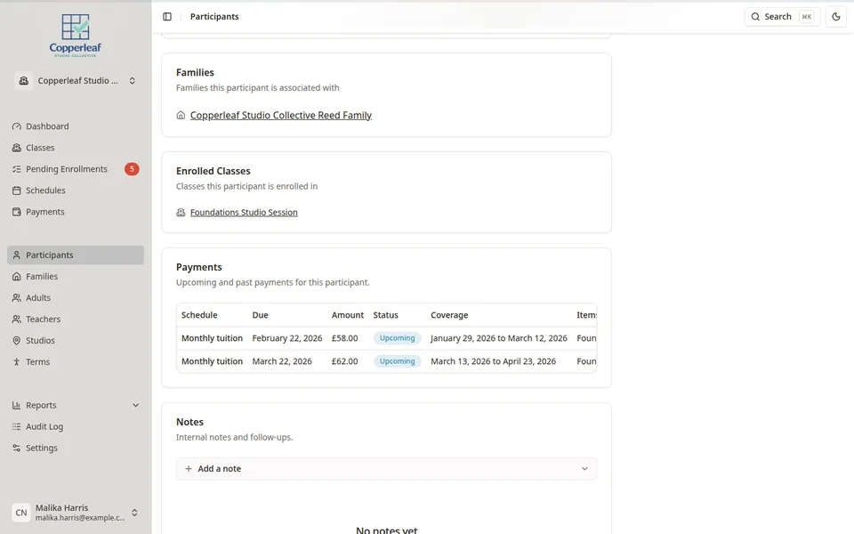 Class payment tracking view in Classia