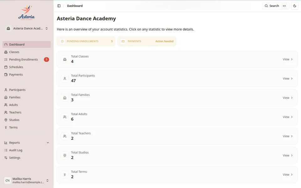 Dance school dashboard and enrolment management in Classia
