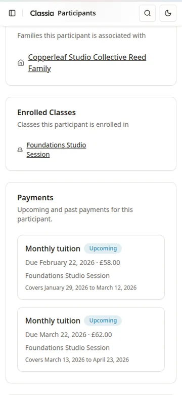 Mobile class payment tracking view in Classia