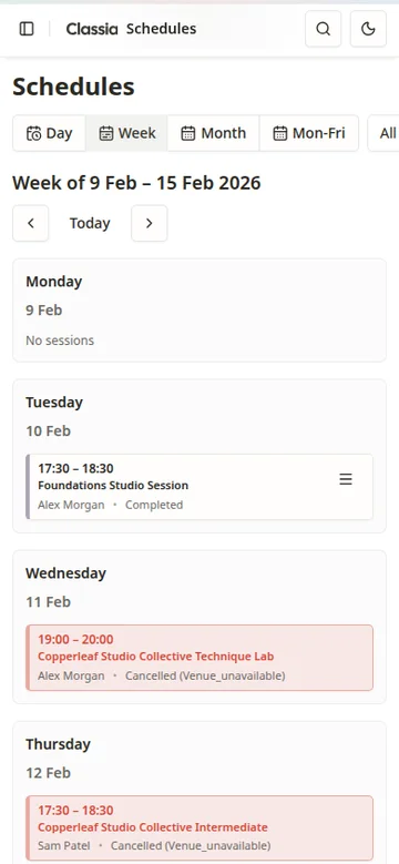 Mobile class scheduling view in Classia showing scheduled sessions and timetable controls.