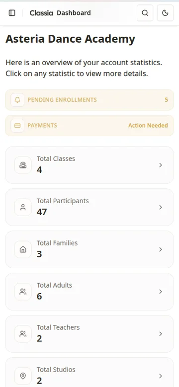 Dance school software dashboard in Classia