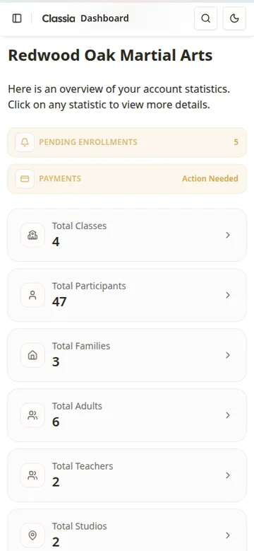 Martial arts school software dashboard in Classia