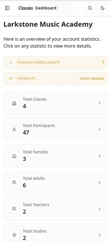 Music school software dashboard in Classia