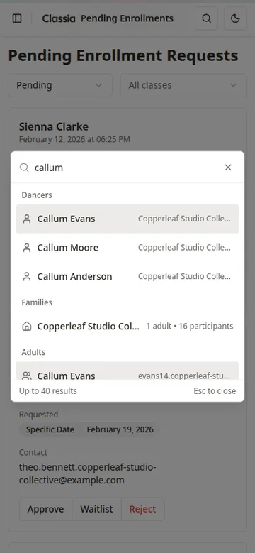 Mobile student management view in Classia showing participant and enrolment details.