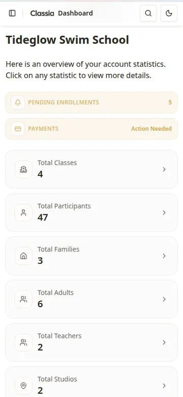 Swim school software dashboard in Classia