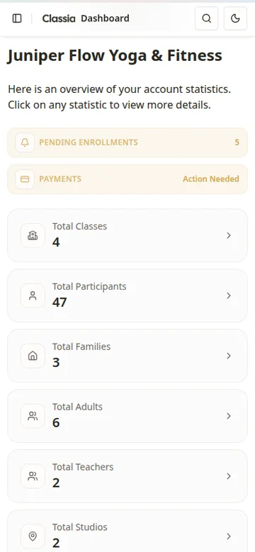 Yoga and fitness studio software dashboard in Classia