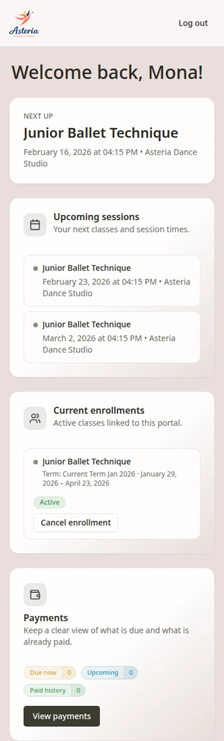Dance school software participant portal in Classia showing enrolment and class schedule details.