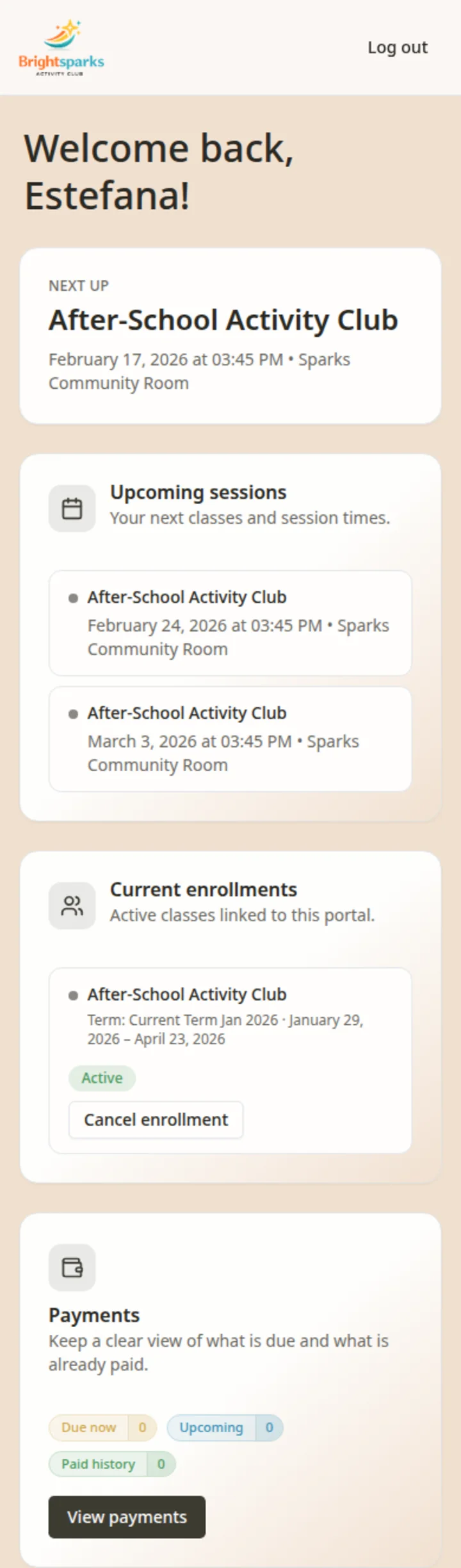 Kids activity software participant portal in Classia showing enrolment and schedule details.