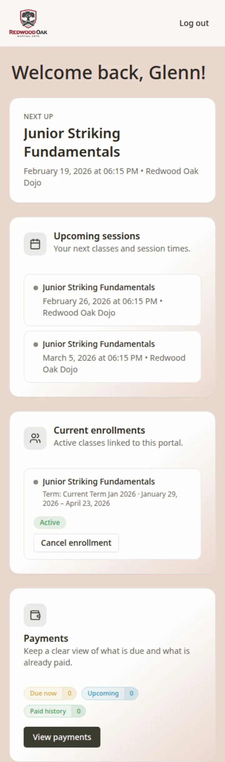 Martial arts school software participant portal in Classia showing enrolment and class schedule details.
