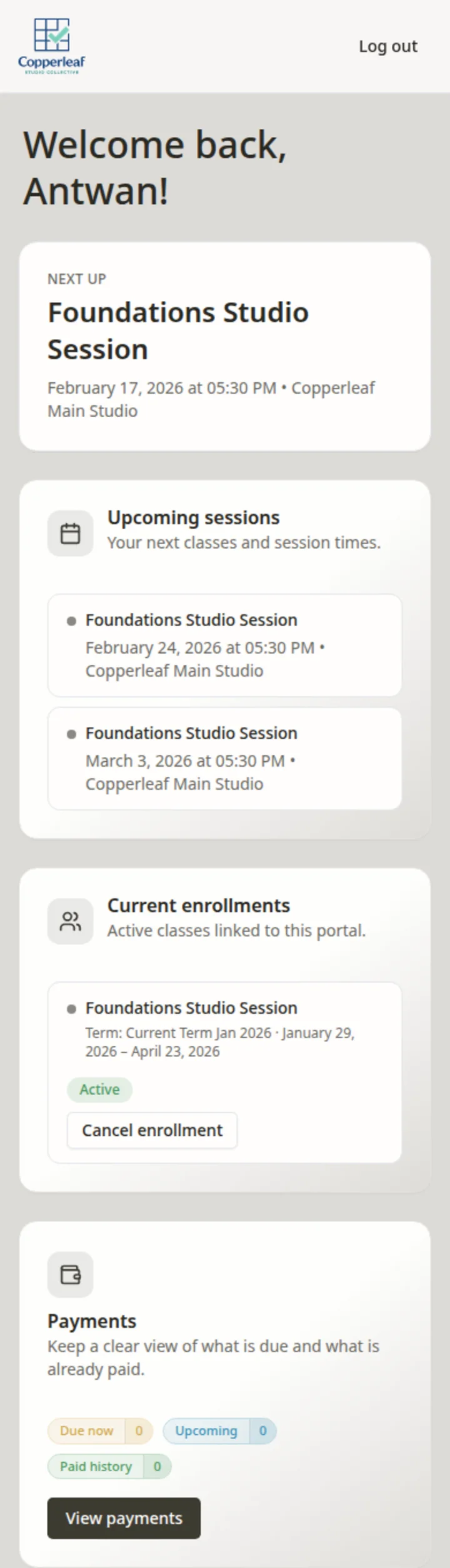 Studio management software participant portal in Classia showing current enrolments and schedule details.