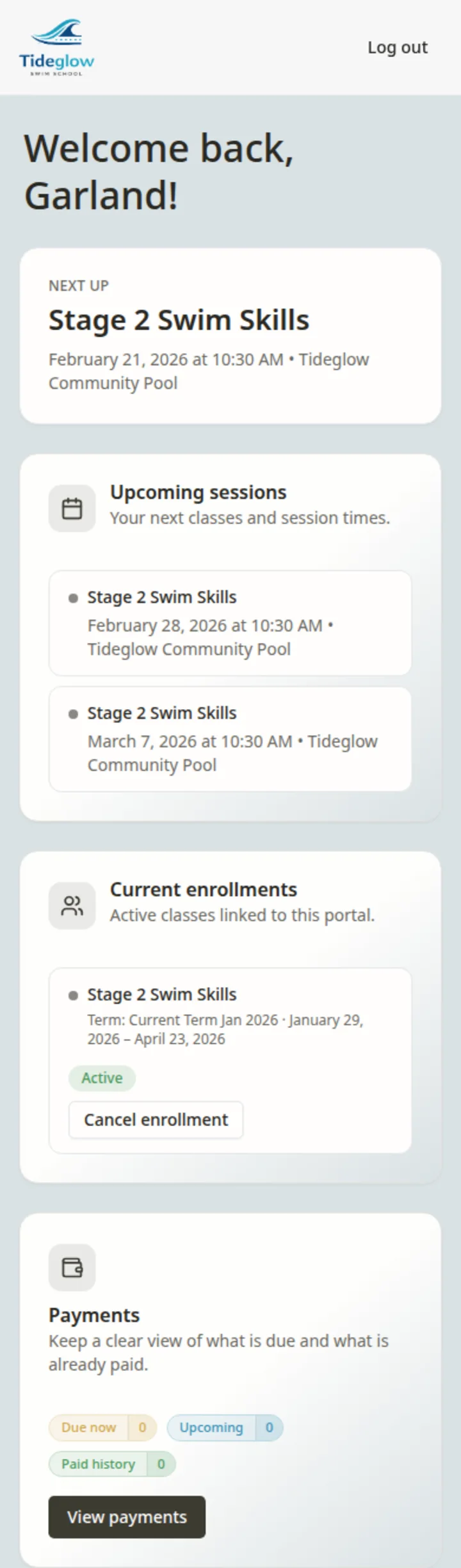 Swim school software participant portal in Classia showing enrolment and session details.
