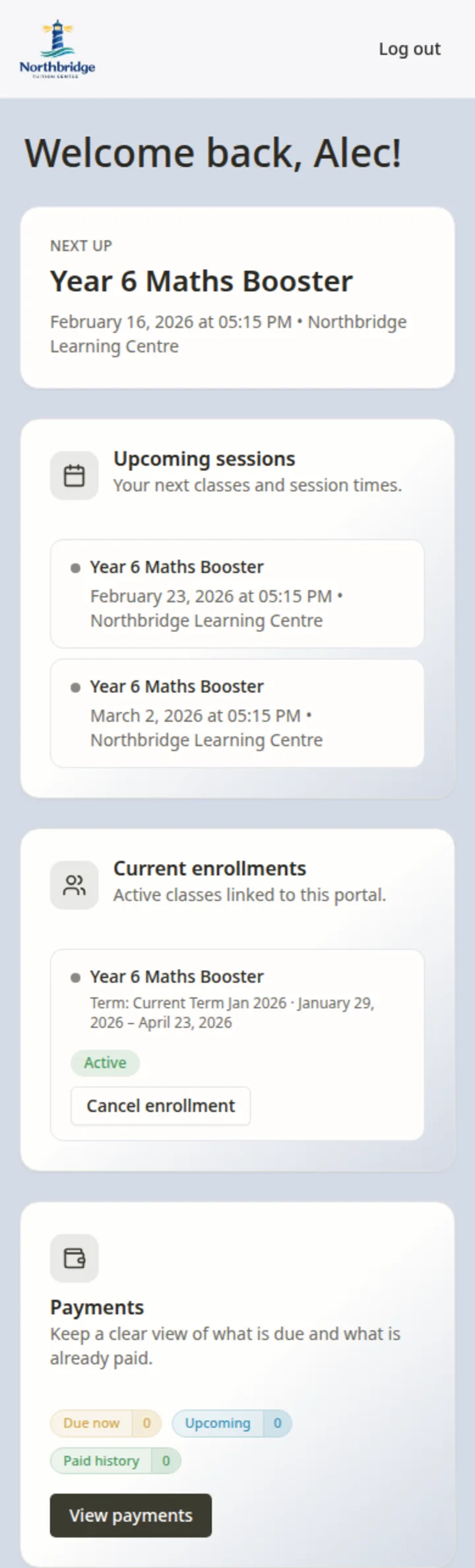 Tuition centre software participant portal in Classia showing enrolment and lesson schedule details.