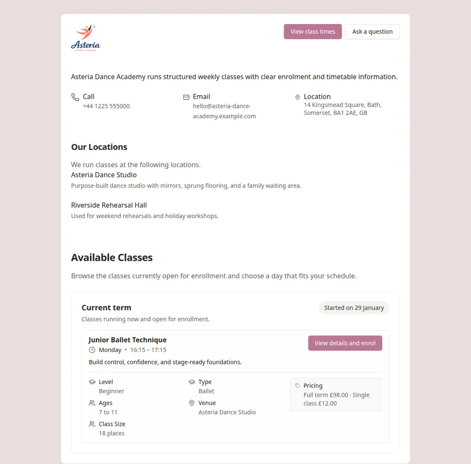 Dance school software public enrolment page in Classia