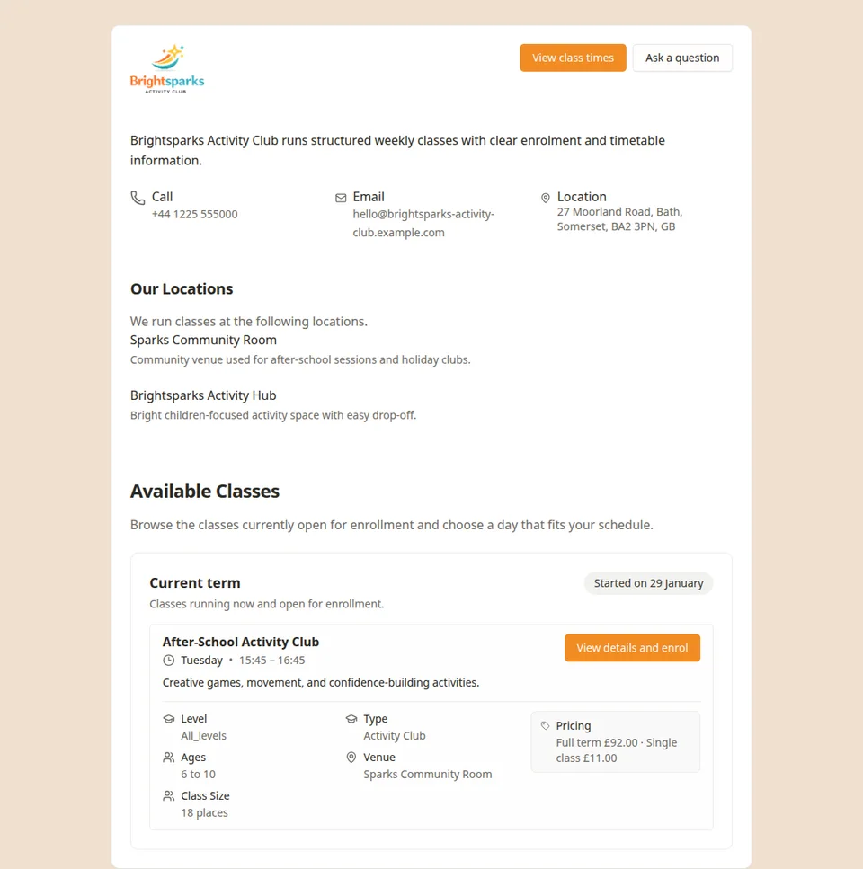 Kids activity software public enrolment page in Classia