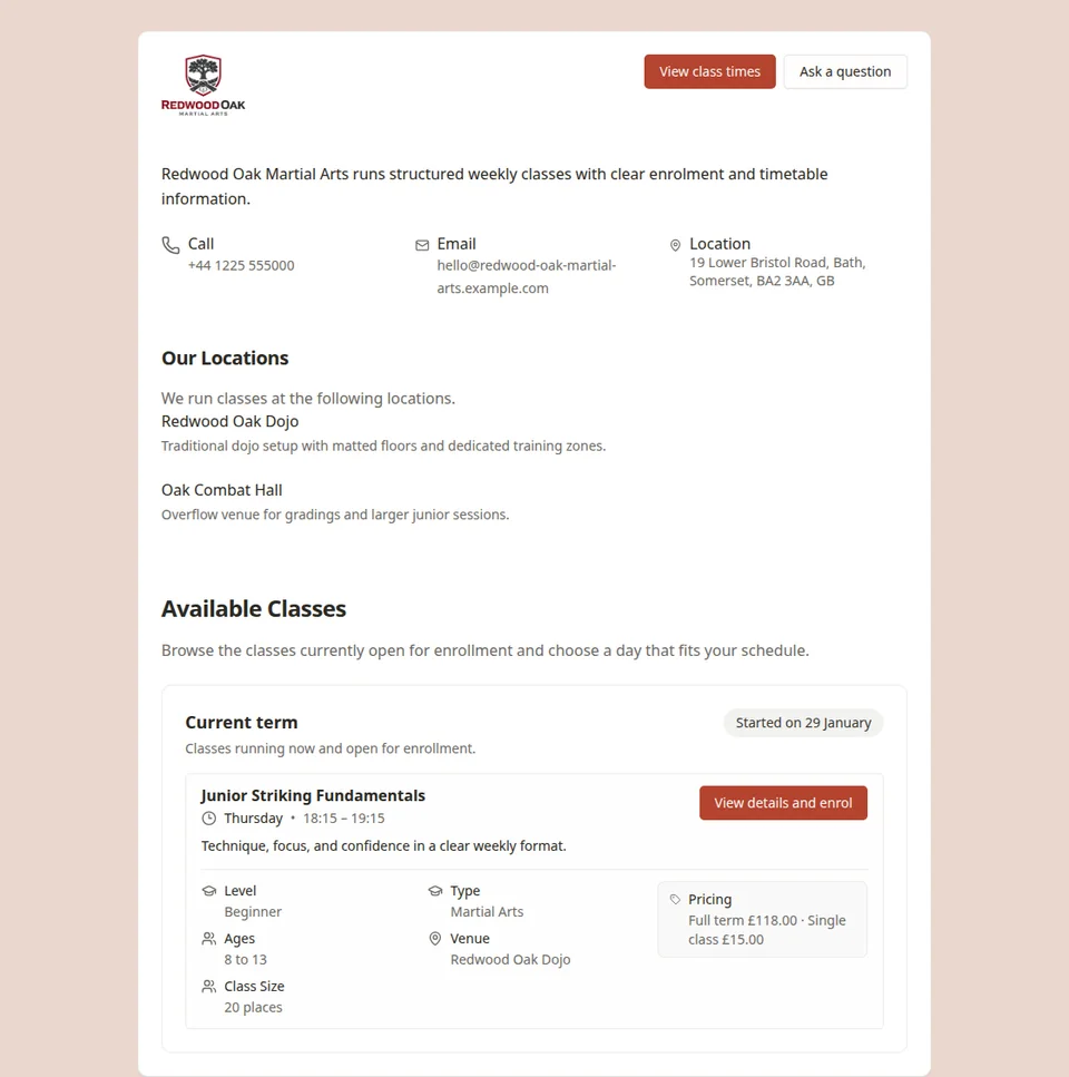 Martial arts school software public enrolment page in Classia