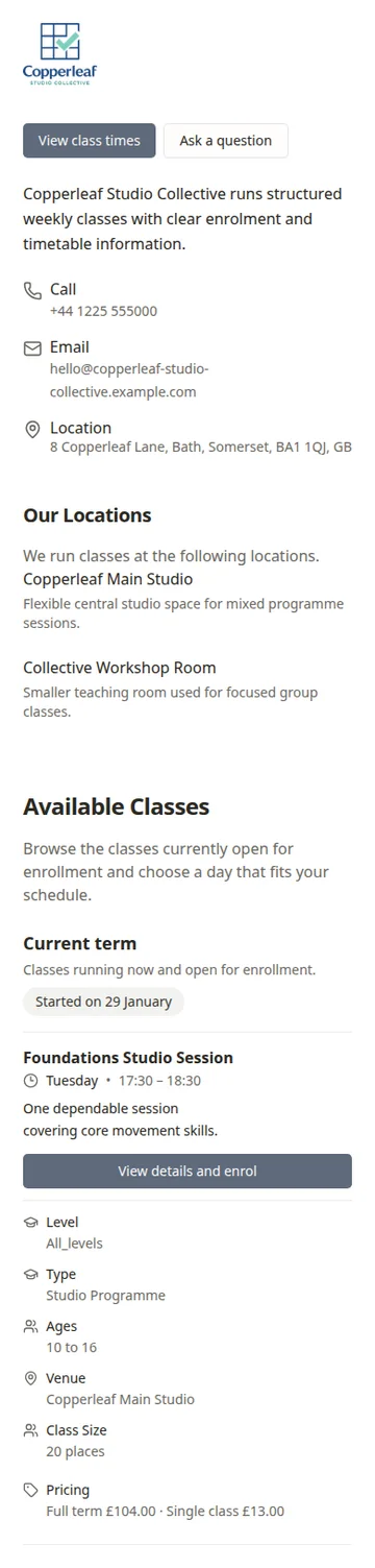 Mobile public class information page in Classia with clear schedule and enrolment details for families.