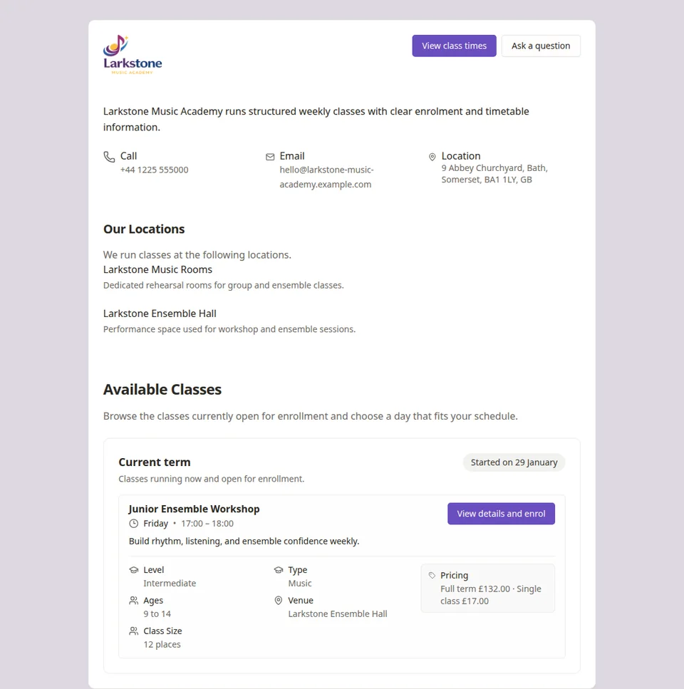 Music school software public class page in Classia