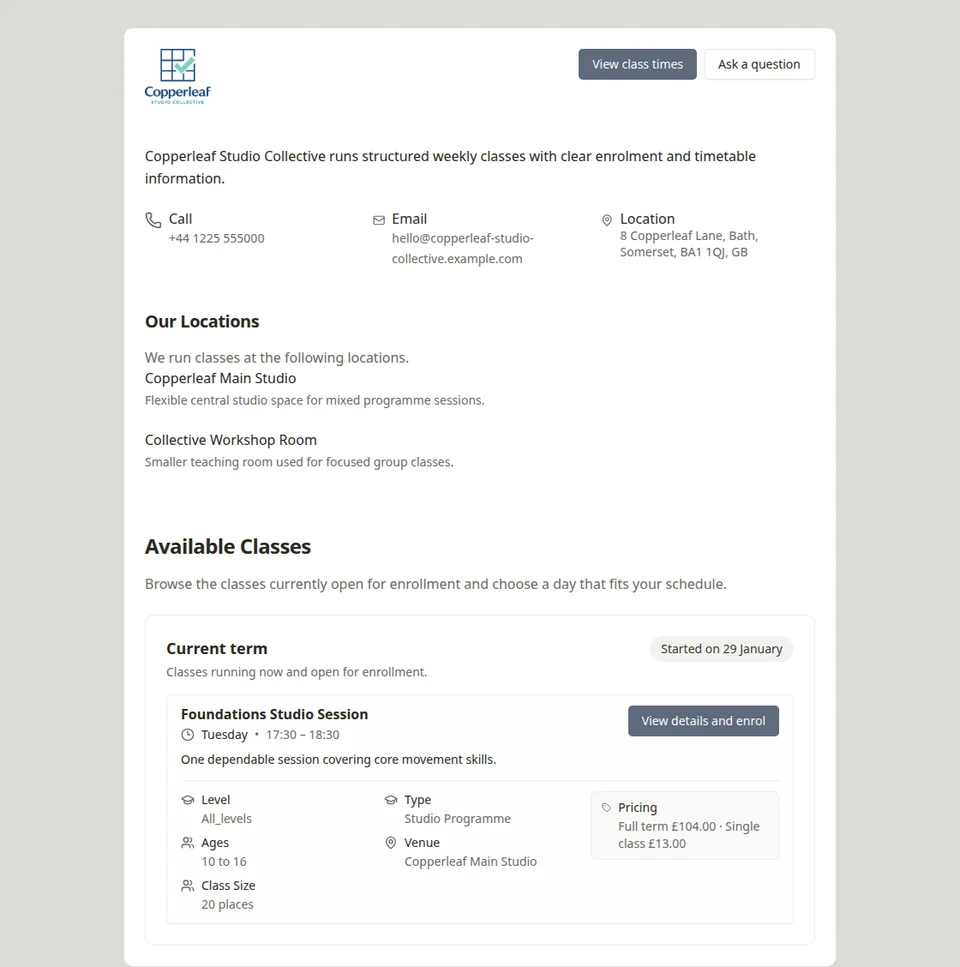 Public studio enrolment page in Classia for studio management software