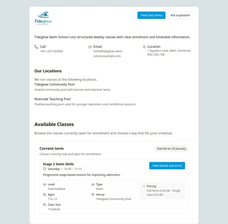 Swim school software public enrolment page in Classia