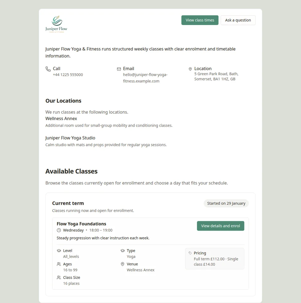Yoga and fitness studio software public class page in Classia