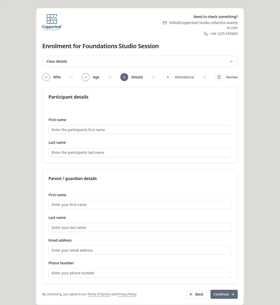Online class registration in Classia collecting participant and guardian details.