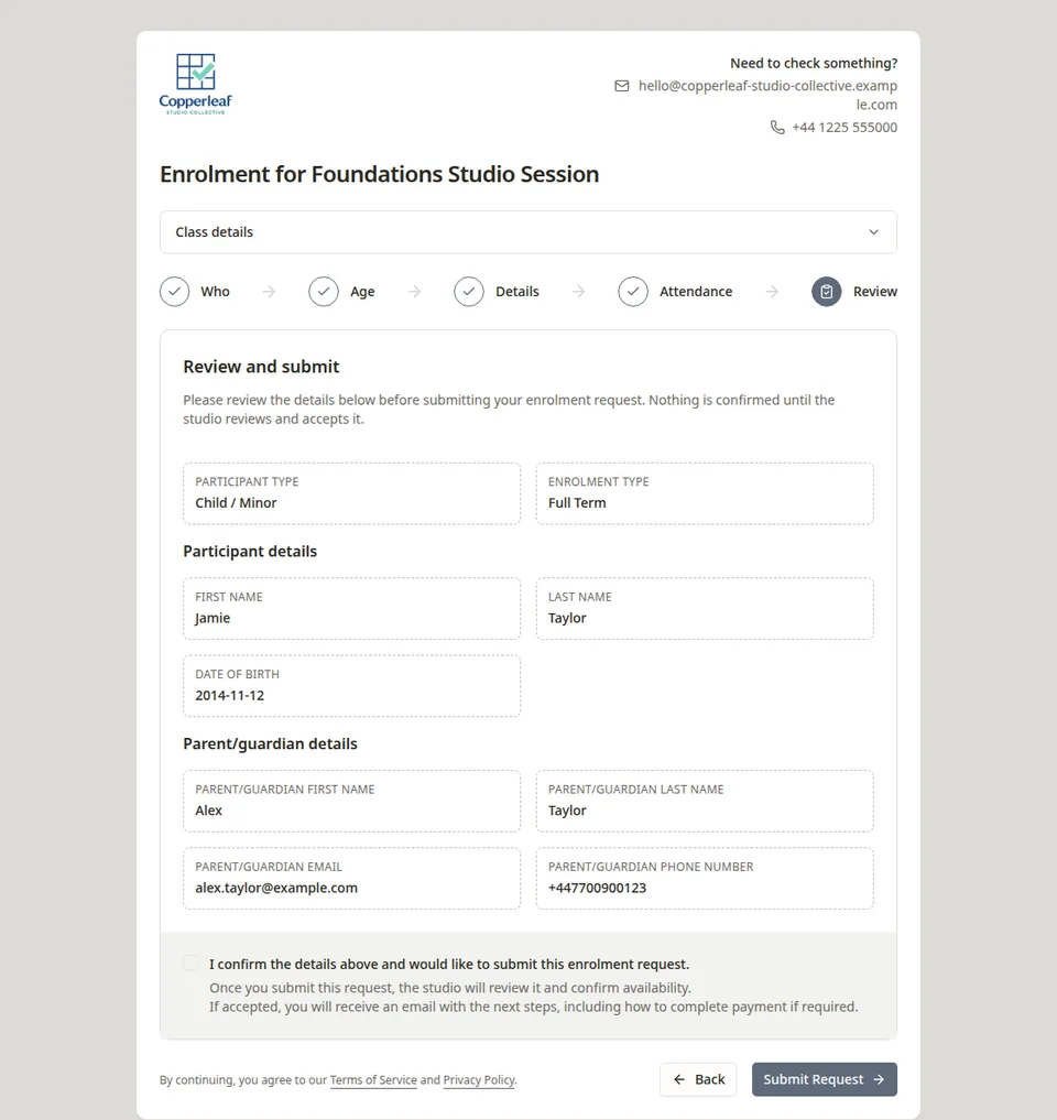 Online class registration in Classia reviewing and submitting an enrolment request.