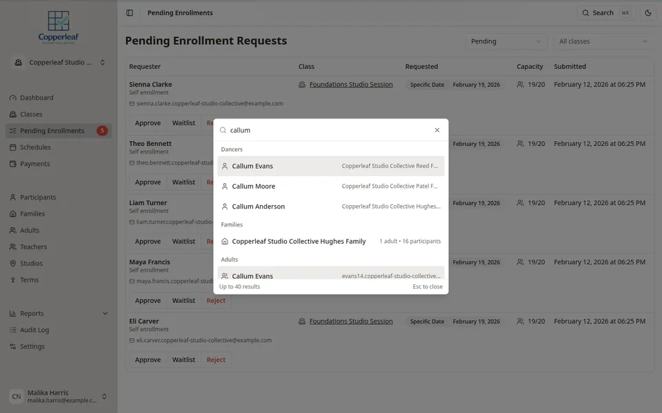 Student management view in Classia showing pending enrolment requests and global search results for participants.